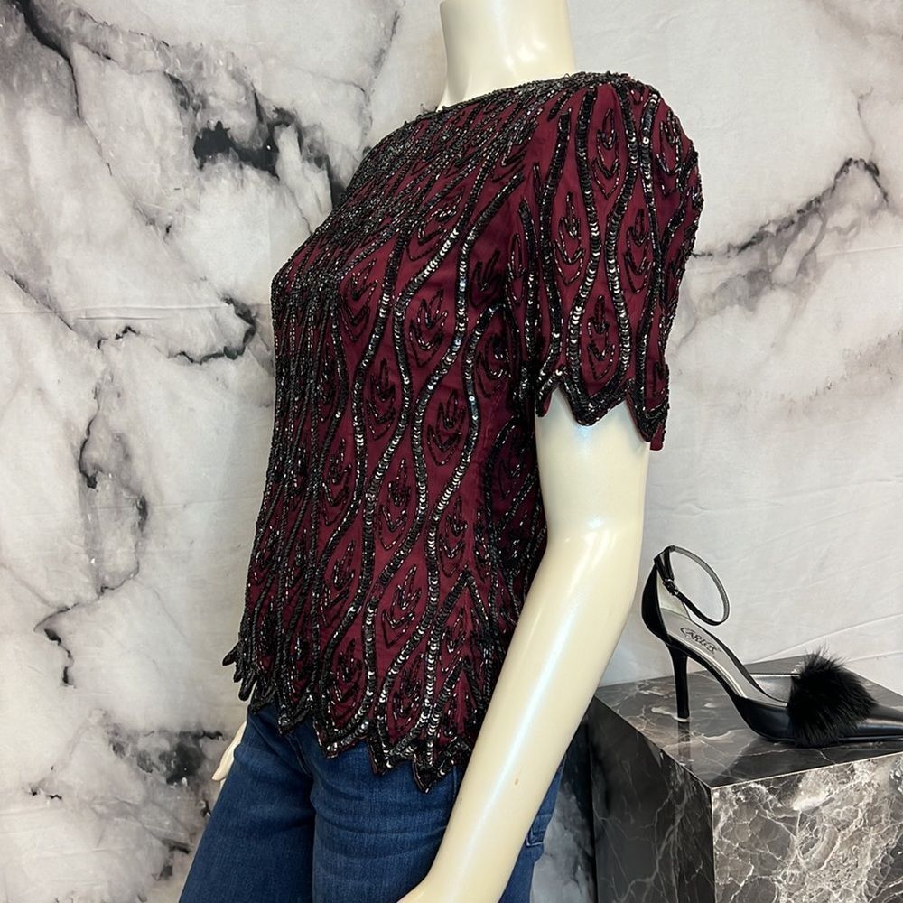*Maroon and black beaded sequence evening top brand stenay - Picture 5 of 10